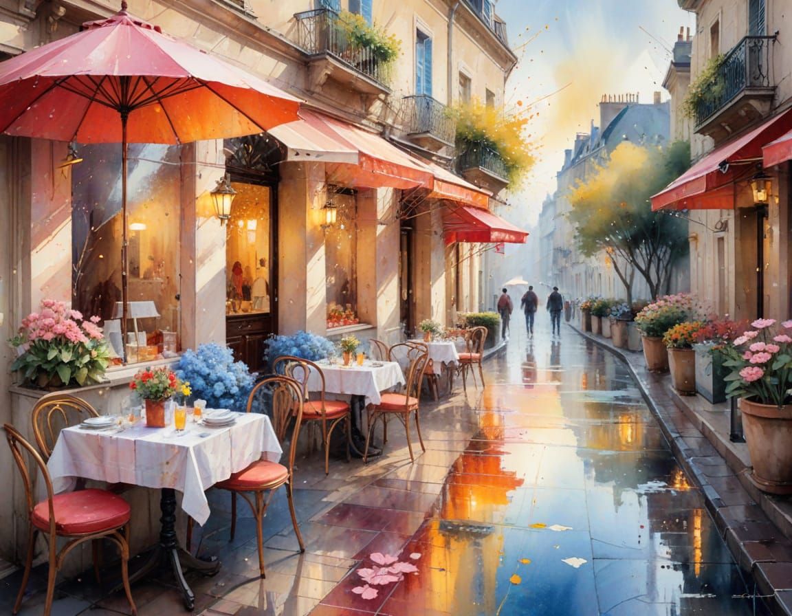 Parisian Cafe Terrace Watercolor with Floral Accents