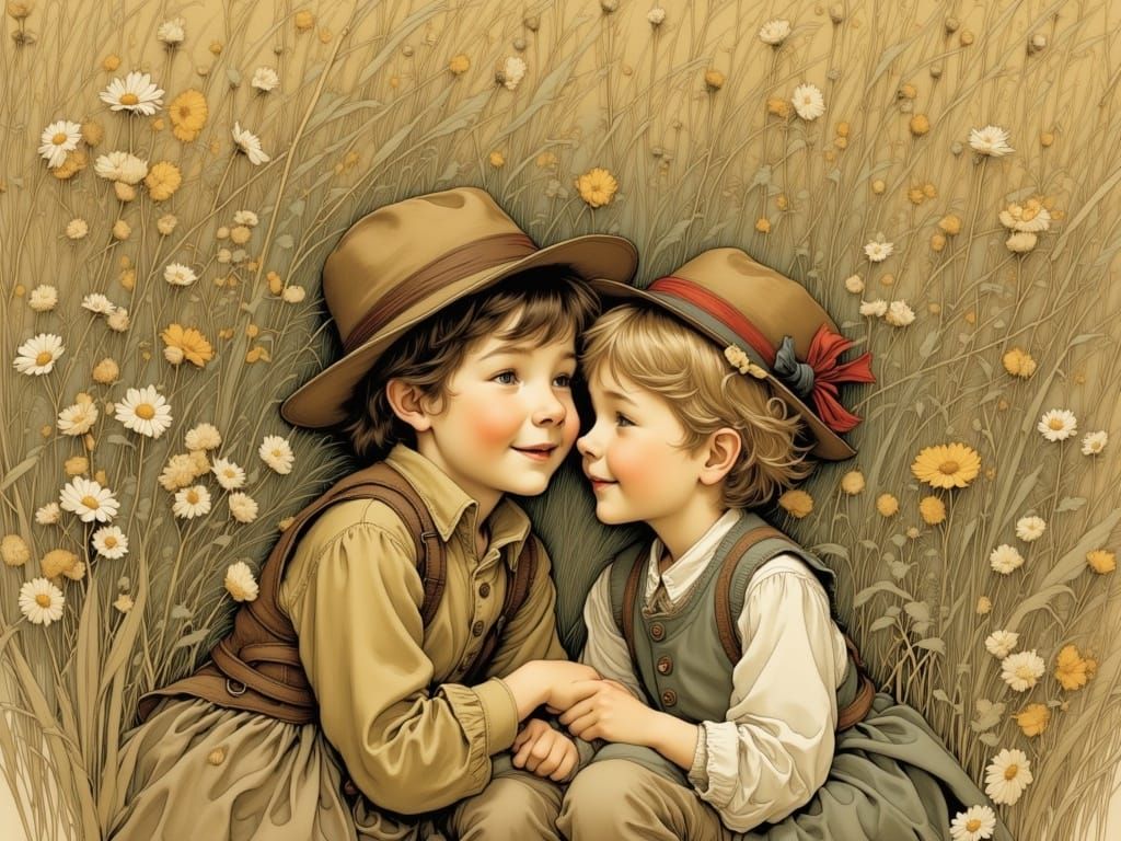 Joyful Siblings in Haystack, Storybook Illustration