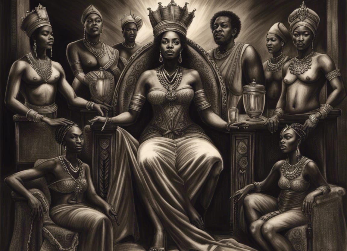 African Queen on Throne: Hyperdetailed Charcoal Drawing