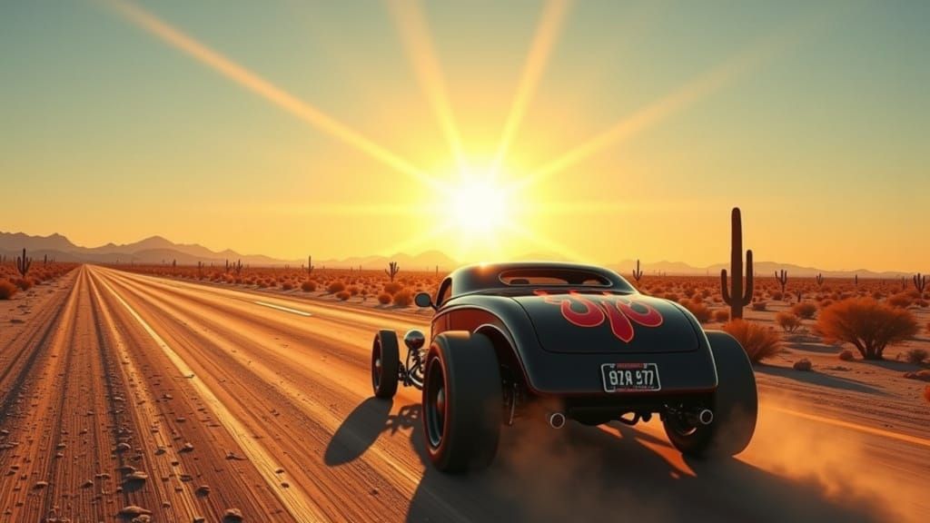 Cherry Red Hot Rod Speeds Through Desert Landscape