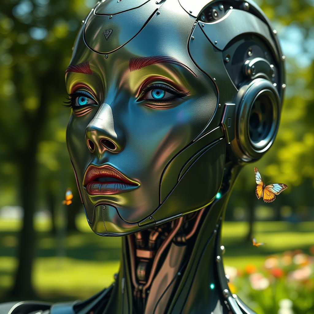 Elegant Mechanical Being with Glowing Eyes in a Park