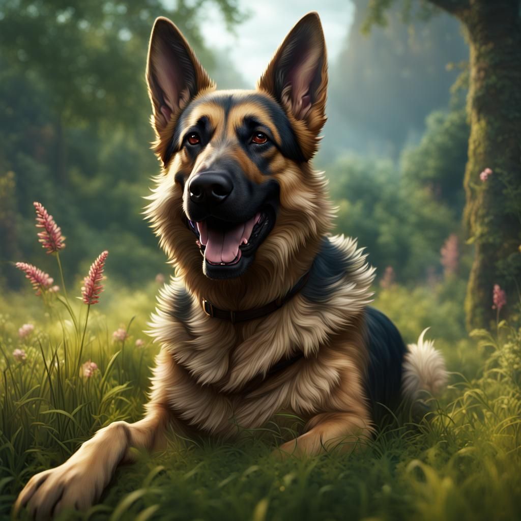 German Shepherd in Grassy Field: Detailed Matte Painting