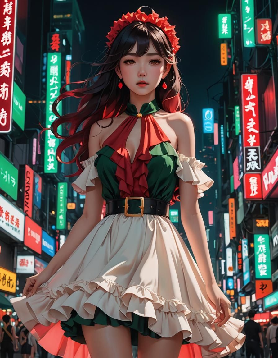 Elegant Anime Dress Amidst Neon Lights in 3D