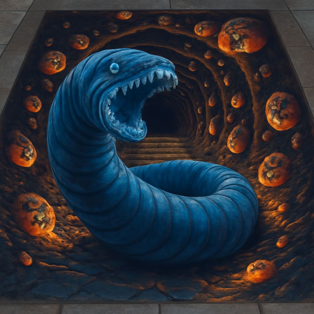 Freestanding Colossal Biolucent Denim Sandworm in Dramatic Pause Vanishing Point Trompe L'oeil