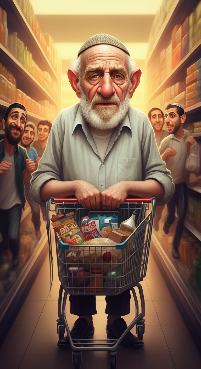 Elderly Israeli Man in Caricature Style Supermarket Scene