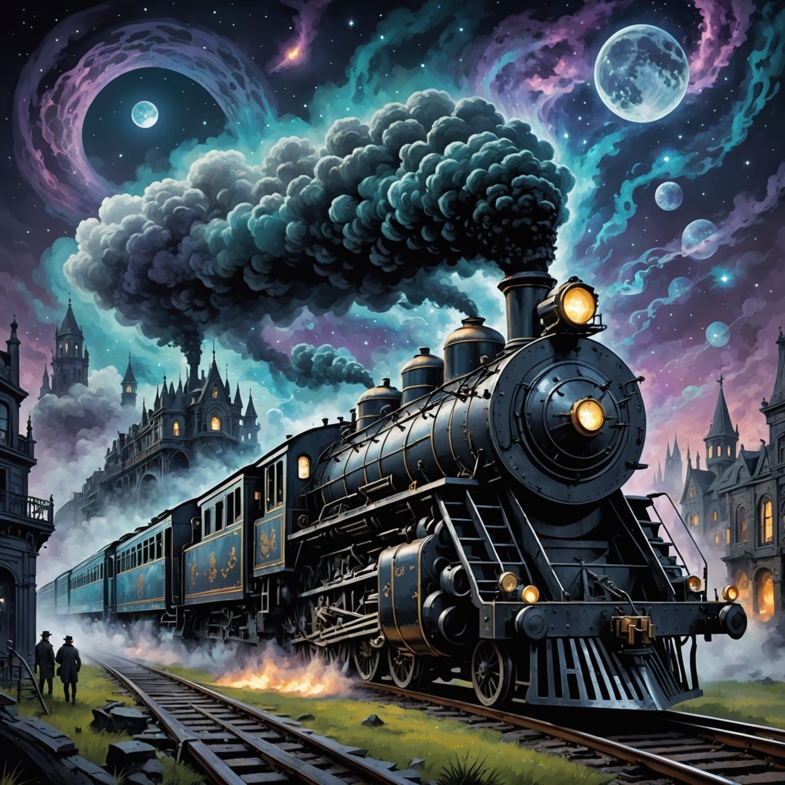 Spectral Locomotive in Cosmic Nebula, Gothic Horror Style