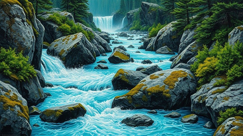 Vibrant Impasto Oil Painting of a Turquoise Mountain River