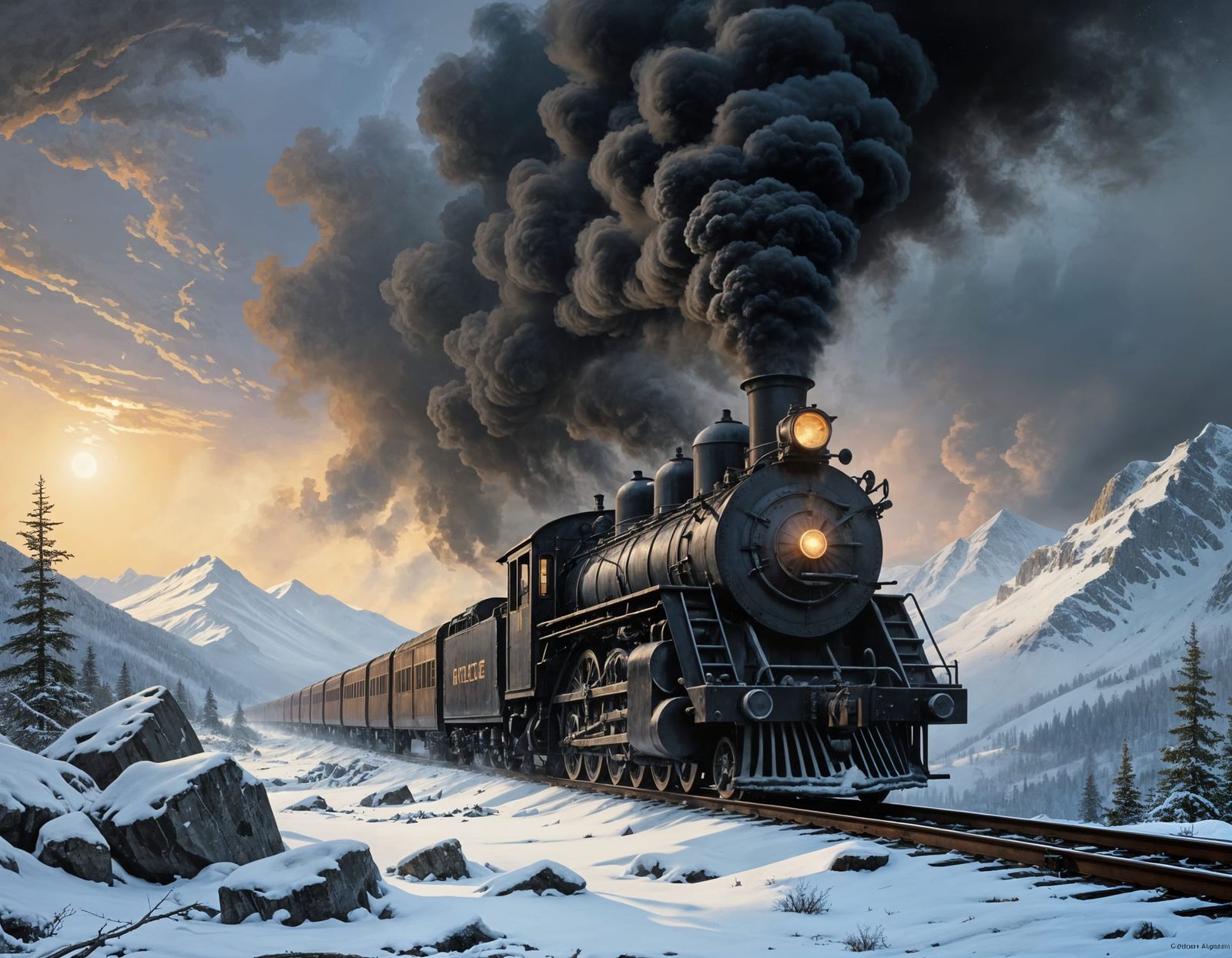 Steam Age Winter Landscape in Dramatic Realism Style