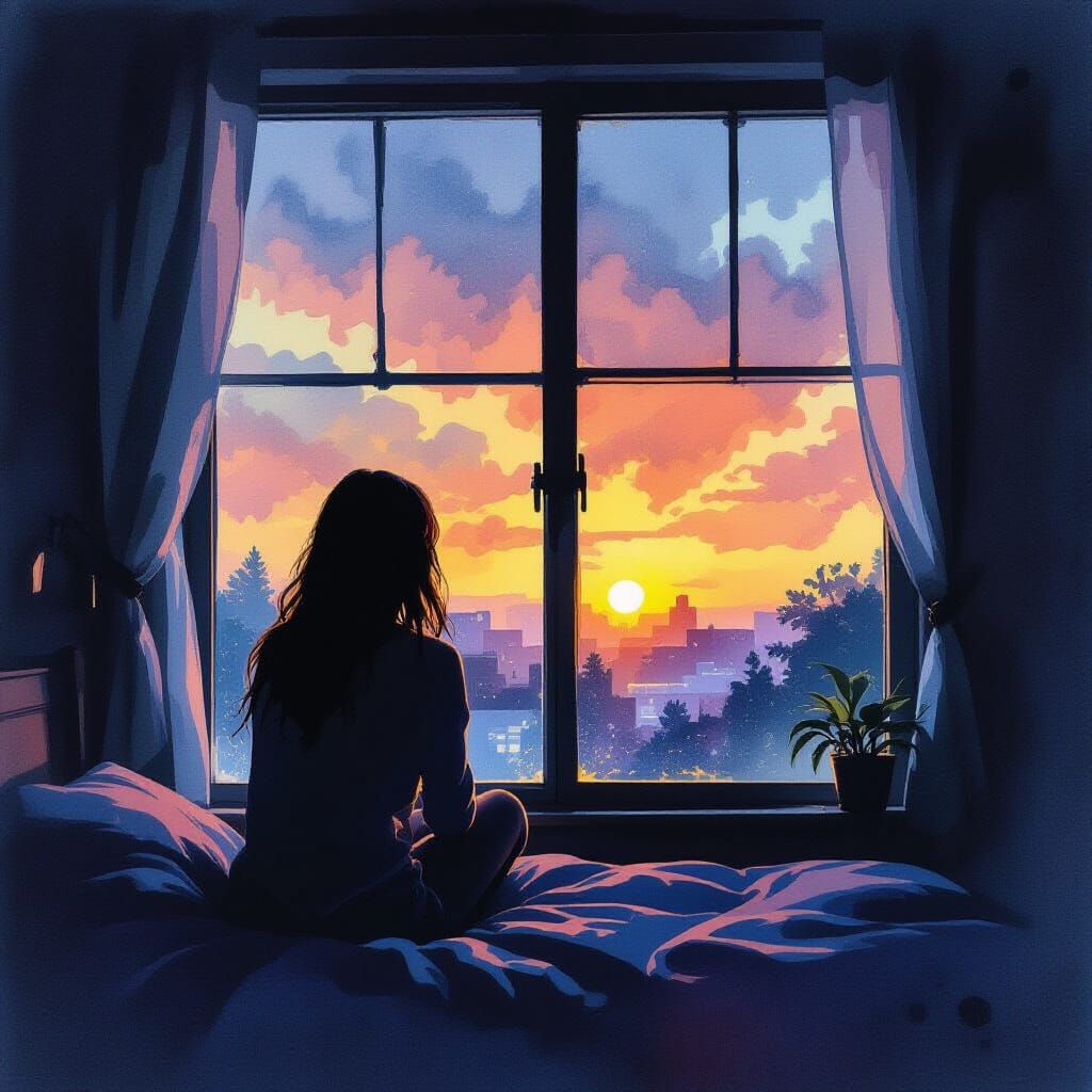 Woman Watches Sunrise from Window in Watercolor Style