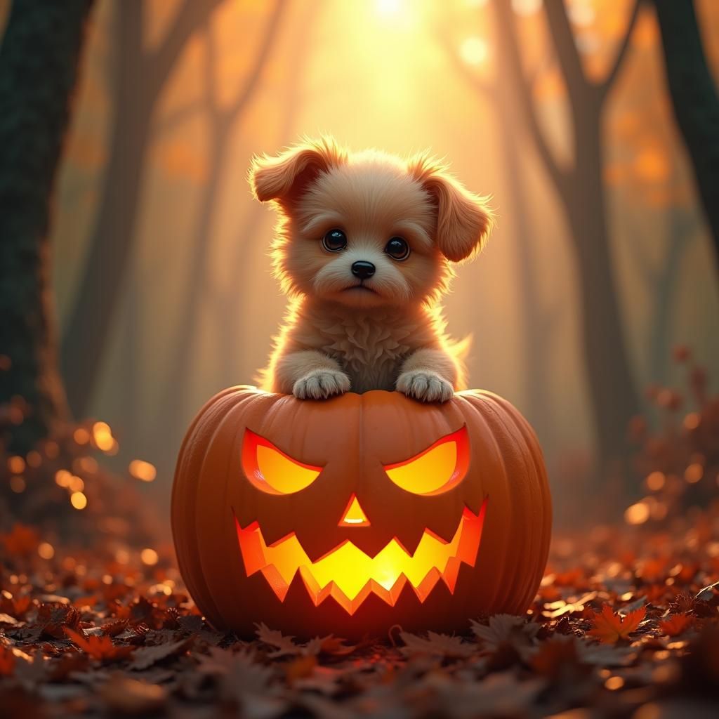 Dog on Pumpkin in Mystical Autumn Setting