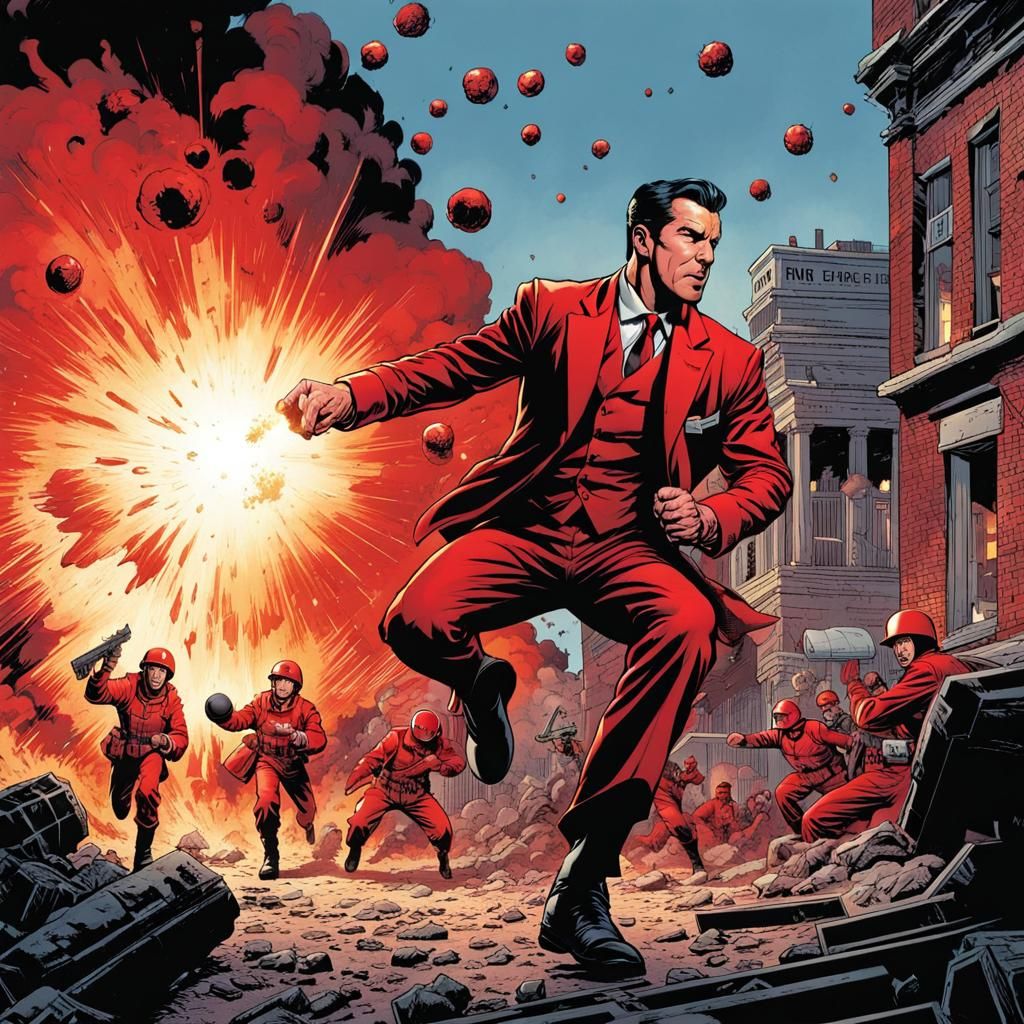 Man in Red Suit Throws Bomb: Comic Book Art
