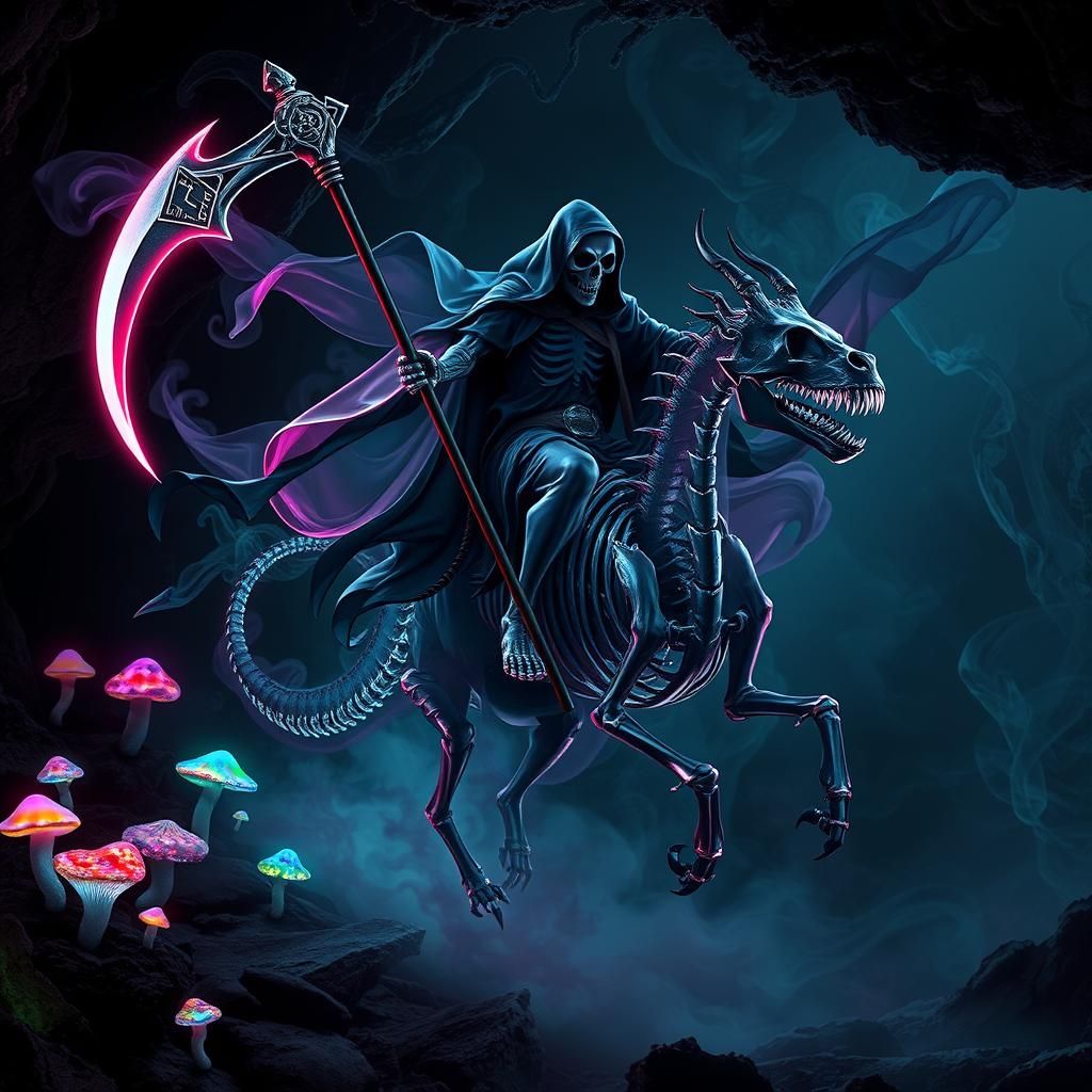 Grim Reaper Rides Dragon of Black Smoke in Bioluminescent Ca...