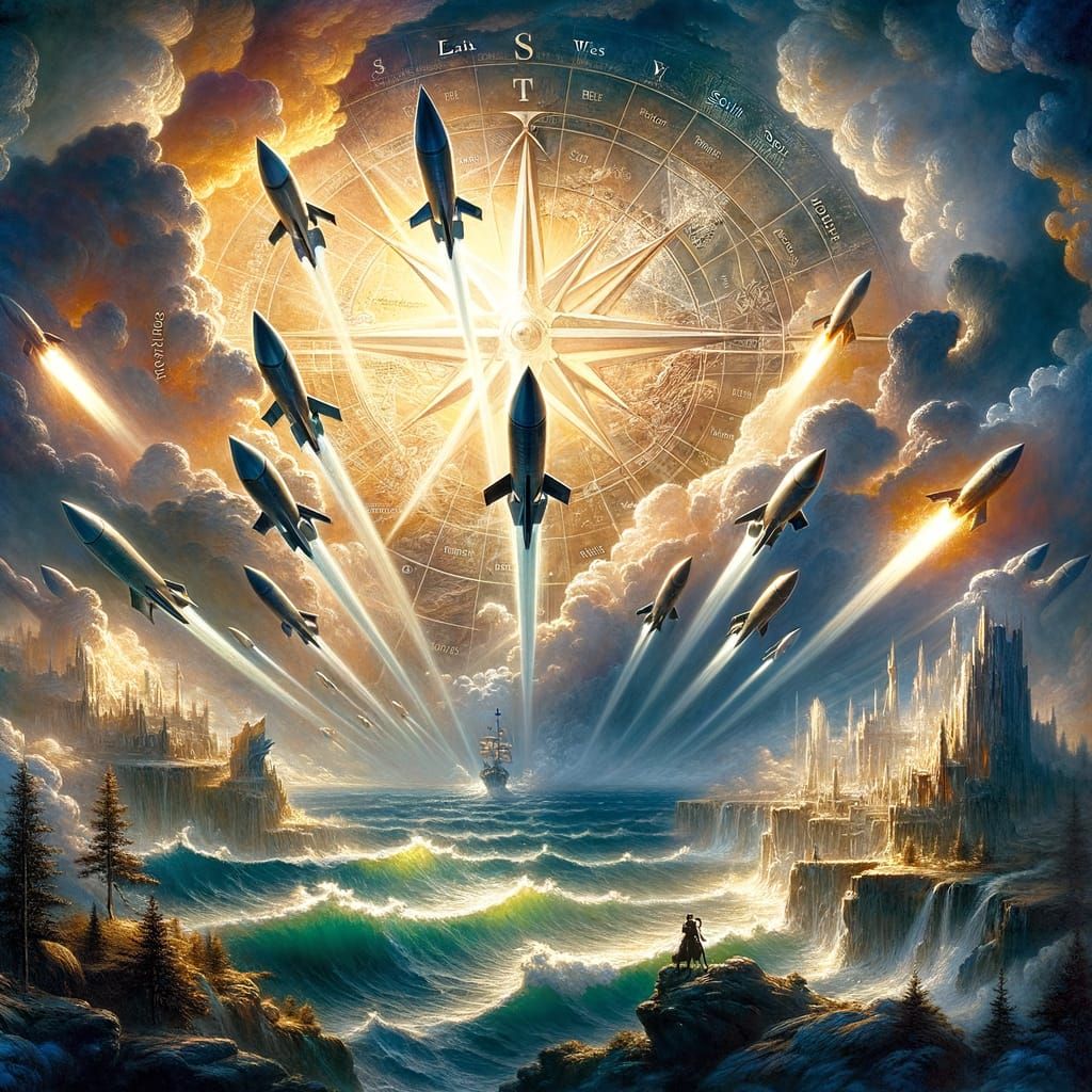Fantasy World Map in Ethereal Style, with Missiles Soaring t...