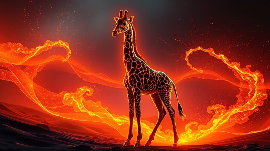 Iridescent Giraffe with Golden Aura in Fiery Landscape