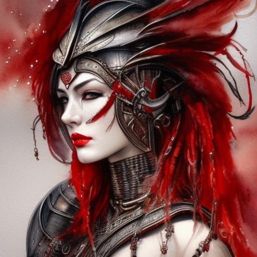 Beautiful Armored Female Warrior Portrait in Watercolor Styl...