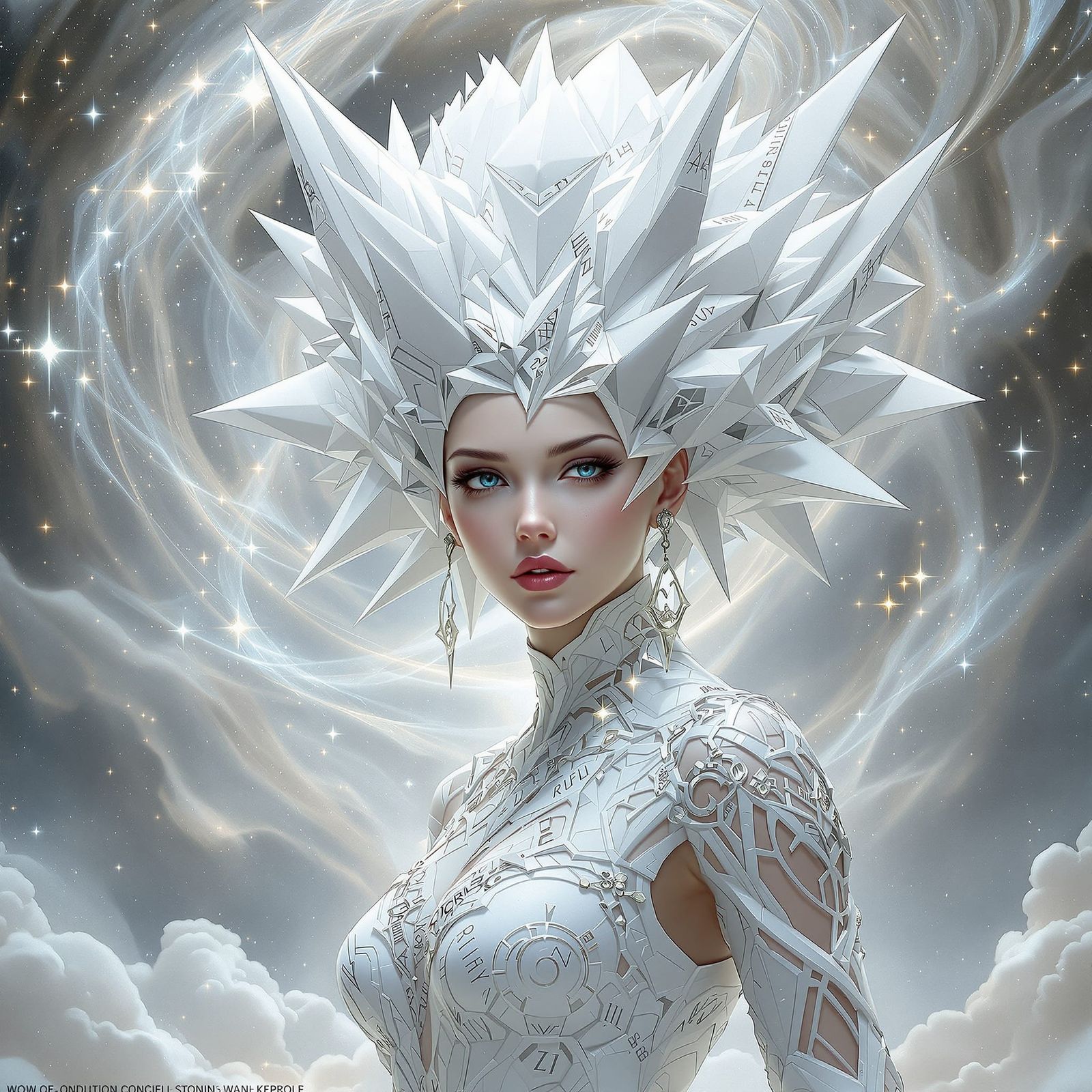 Geometric White Hairstyle Against Cosmic Backdrop