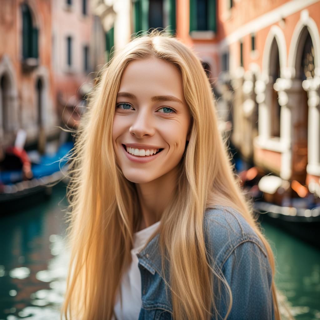 Smiling Blonde Woman Portrait in Venice with Bokeh