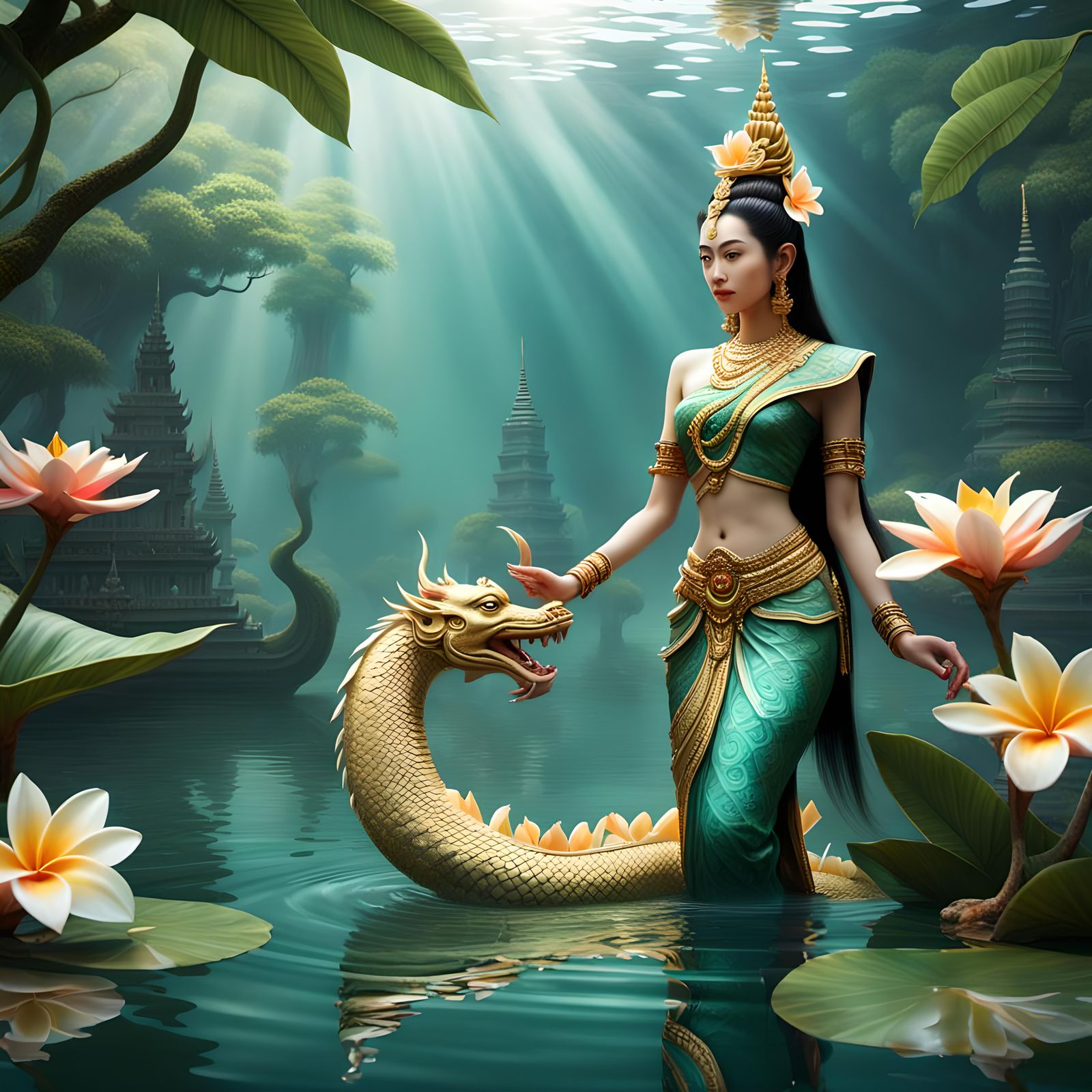 Most realistic 3D 8k realistic UHD fantasy thai style glossy Pictures Close Up superimposed silhouette of The Naga with ...