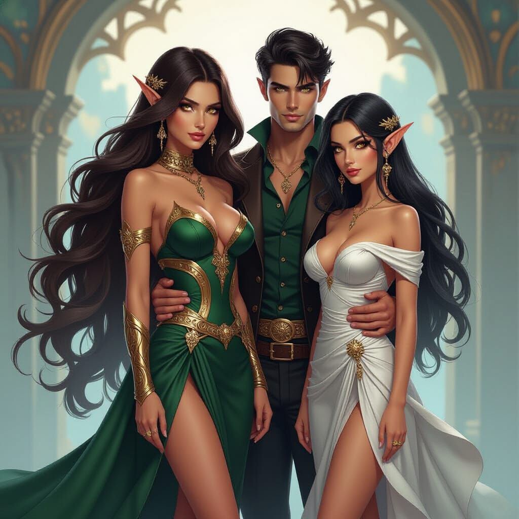 Dragon-Shifters and Elf in Mucha-Inspired Style