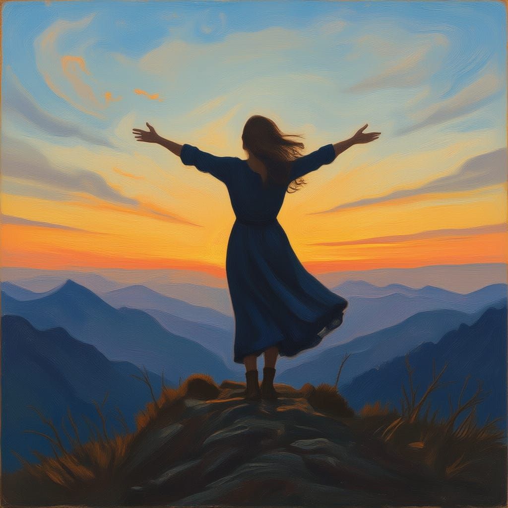 Girl on Mountaintop Contemplating a Leap