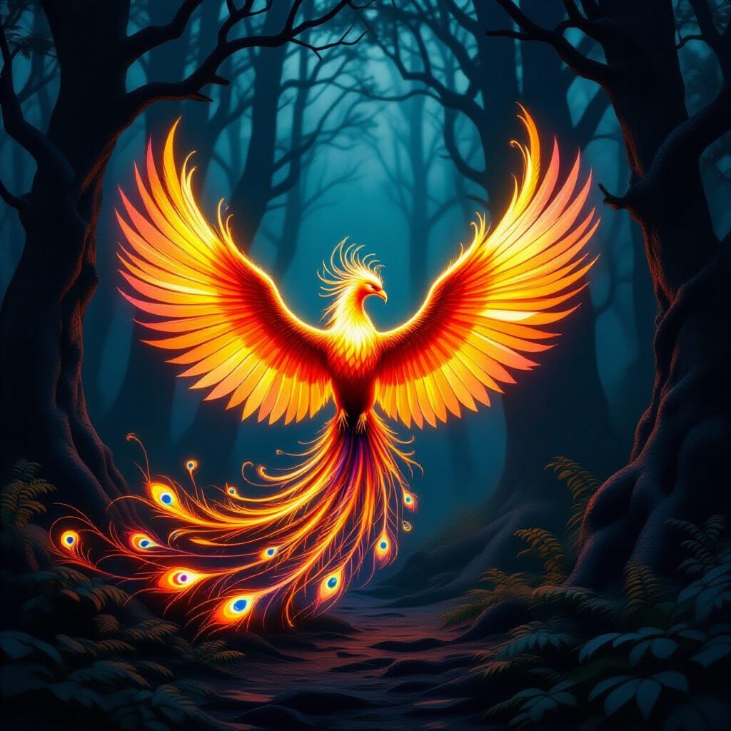 Glowing Phoenix Song in Dark Forest