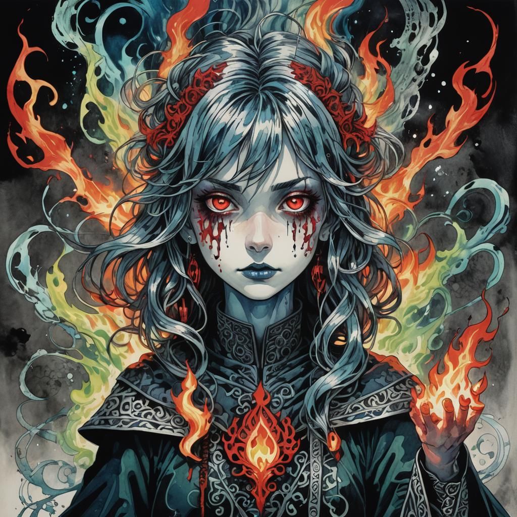 Flame Mage Girl in 80s Anime Style