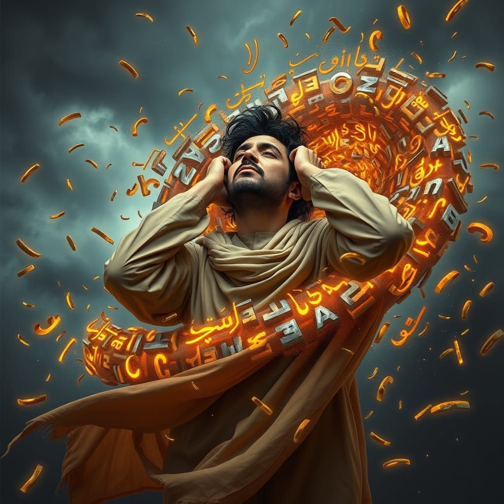 Man Overwhelmed by Whirlwind of Arabic Calligraphy