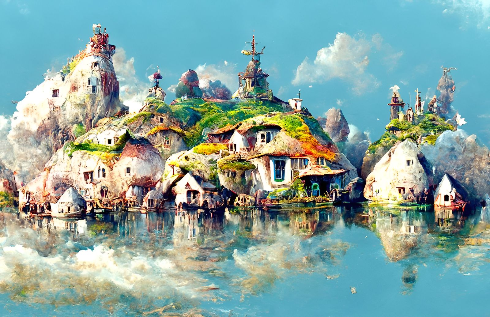 Floating Island Village in Fantasy Watercolour Style