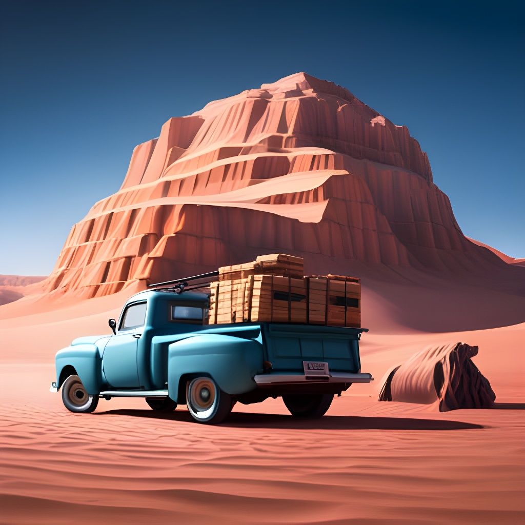 Blue Pick-Up Truck in Desert Landscape