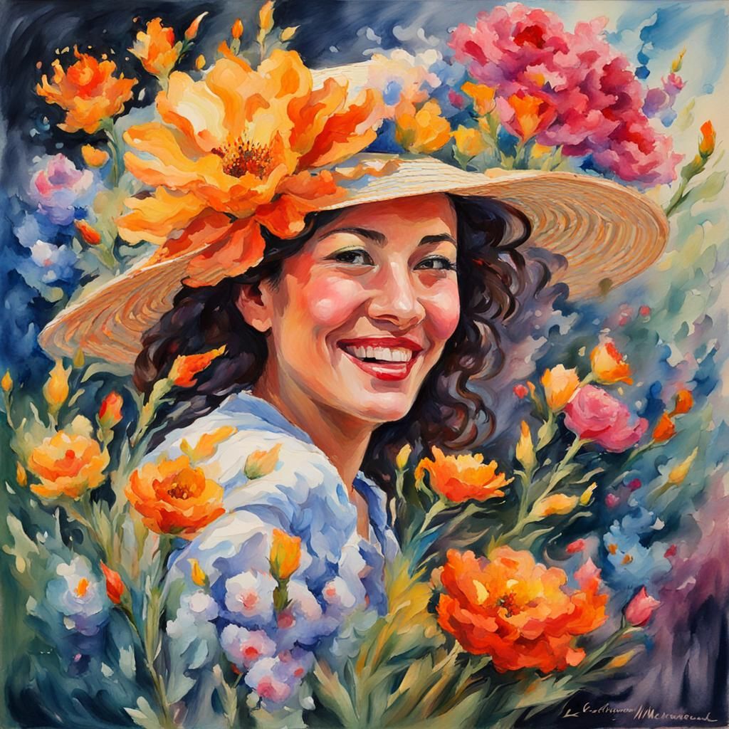 Flaming Woman's Vibrant Gouache and Watercolor Portrait
