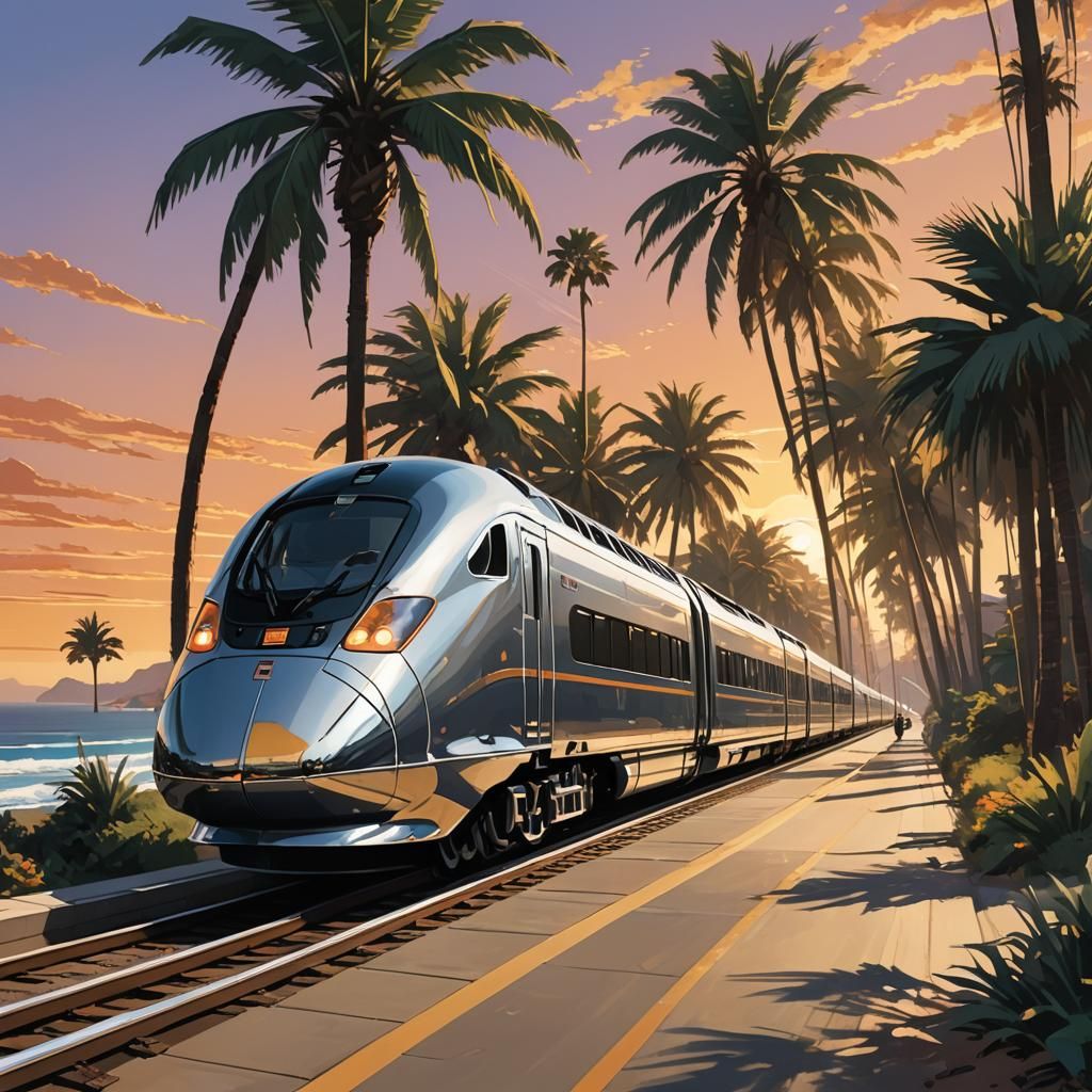 Art Deco Bullet Train on Pacific Coast at Sunset