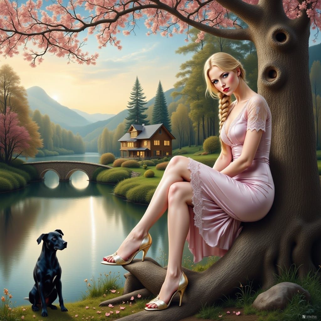 Serene Woman by River in Dreamy Surreal Landscape