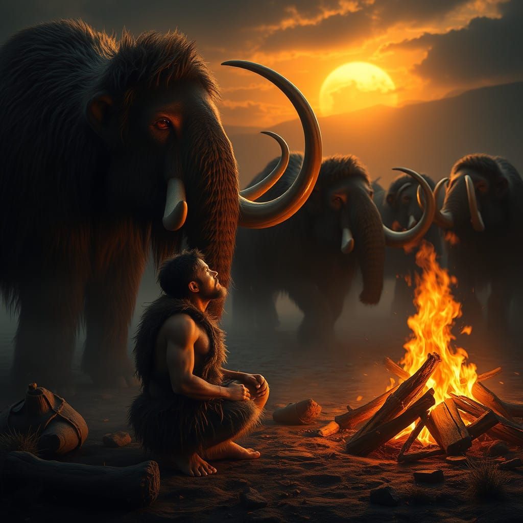Neanderthal Witnessing Majestic Mammoth Stampede in Golden L...
