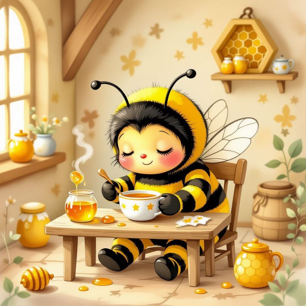 Sleepy Bumblebee Makes Honey: Watercolor Illustration