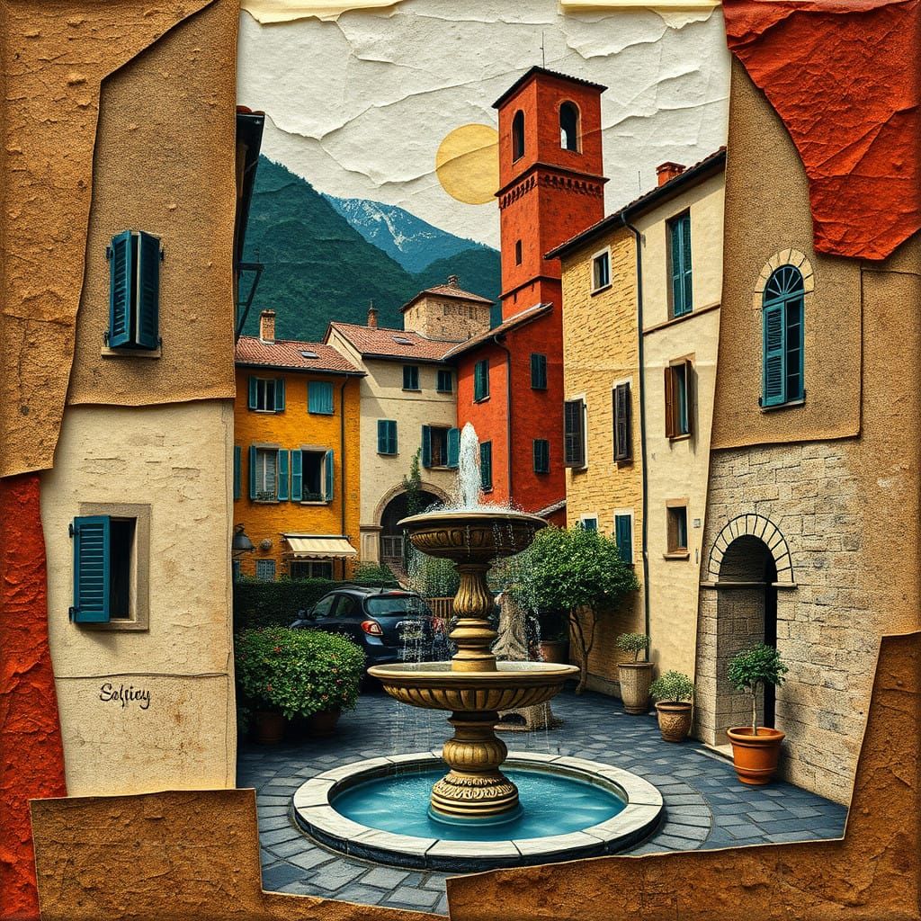 Rustic Italian Village Scene in Textured Constructivist Styl...