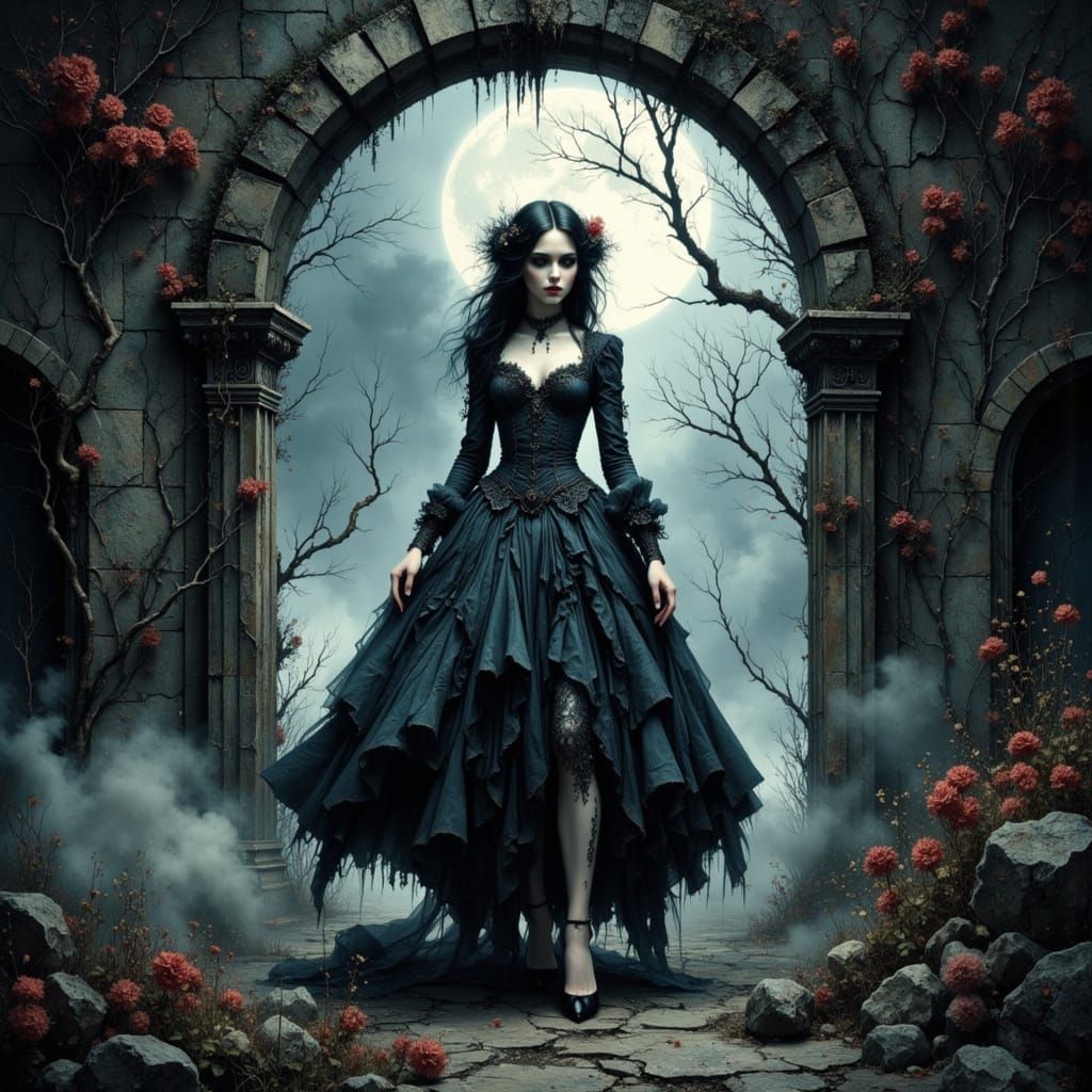 Gothic Beauty in Enchanted Forest with Chiaroscuro Lighting