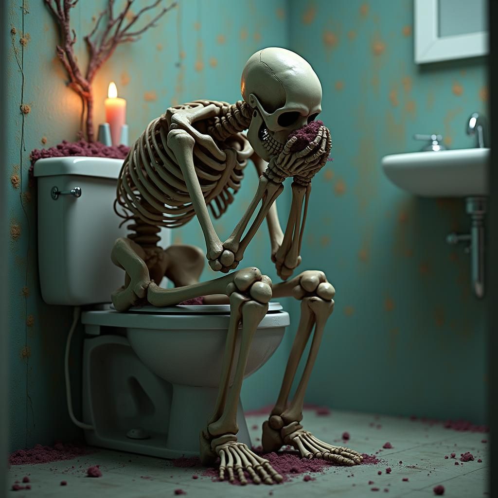 Dejected Skeleton on Toilet in Detailed Bathroom