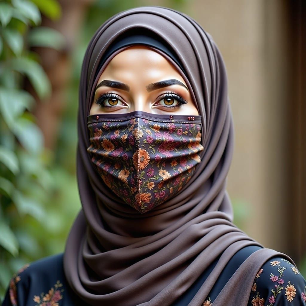 Elegant Portrait of a Hijab Woman in Floral Mask
