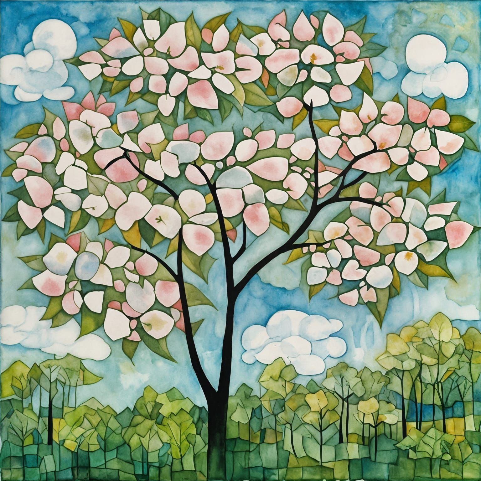 Dogwood in Bloom: Watercolor Painting Inspired by Klee