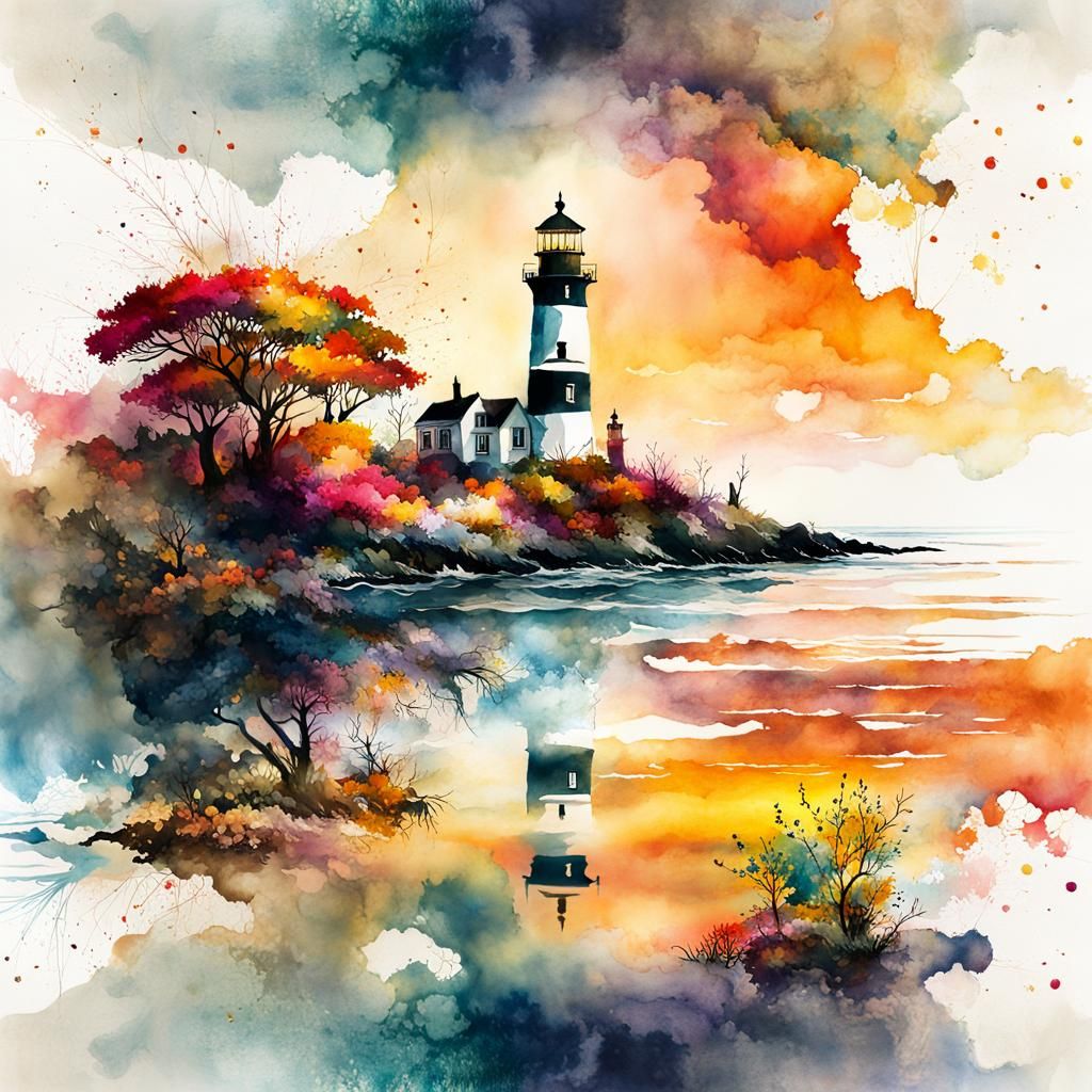 Autumn Lighthouse Oceanscape Sunset in Watercolor Style
