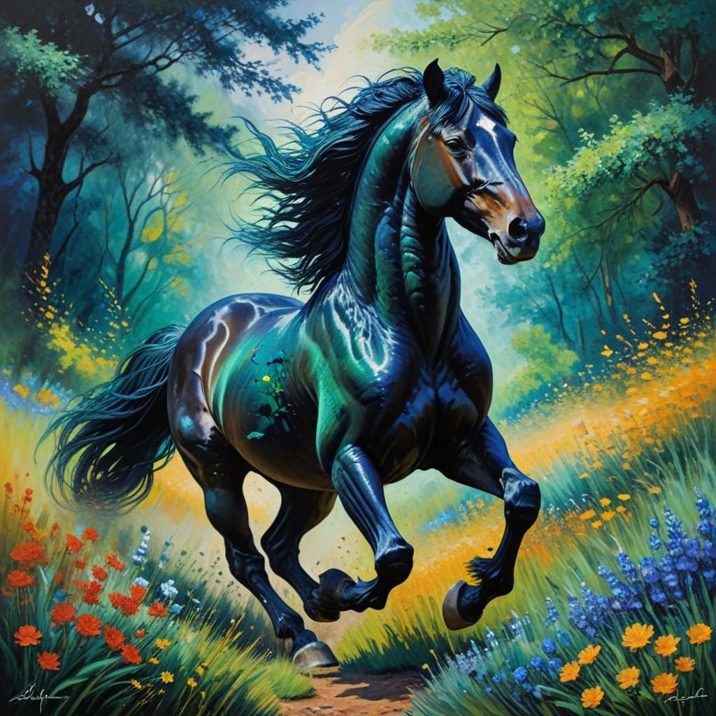 Surreal Black Stallion Gallops Free in Vibrant Meadow