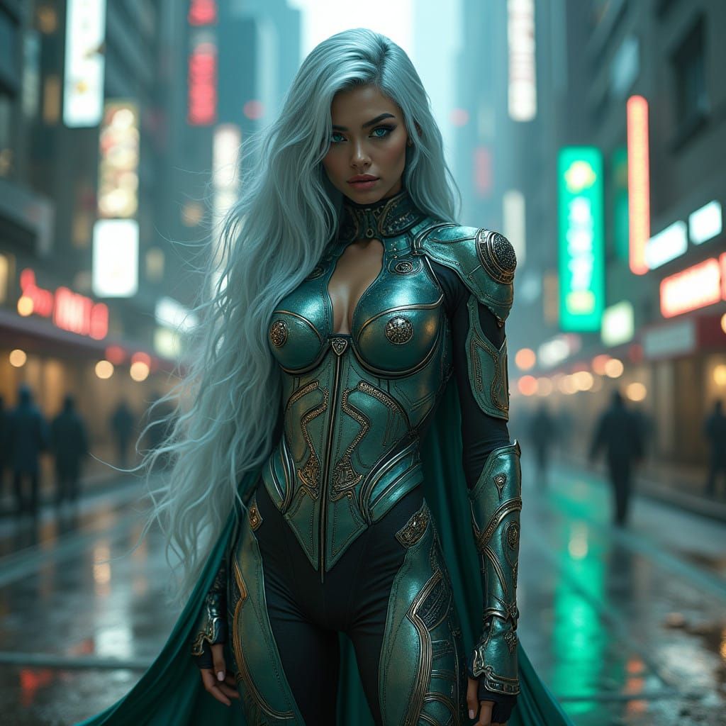 Hyperrealistic Female Superhero in Gritty Cityscape