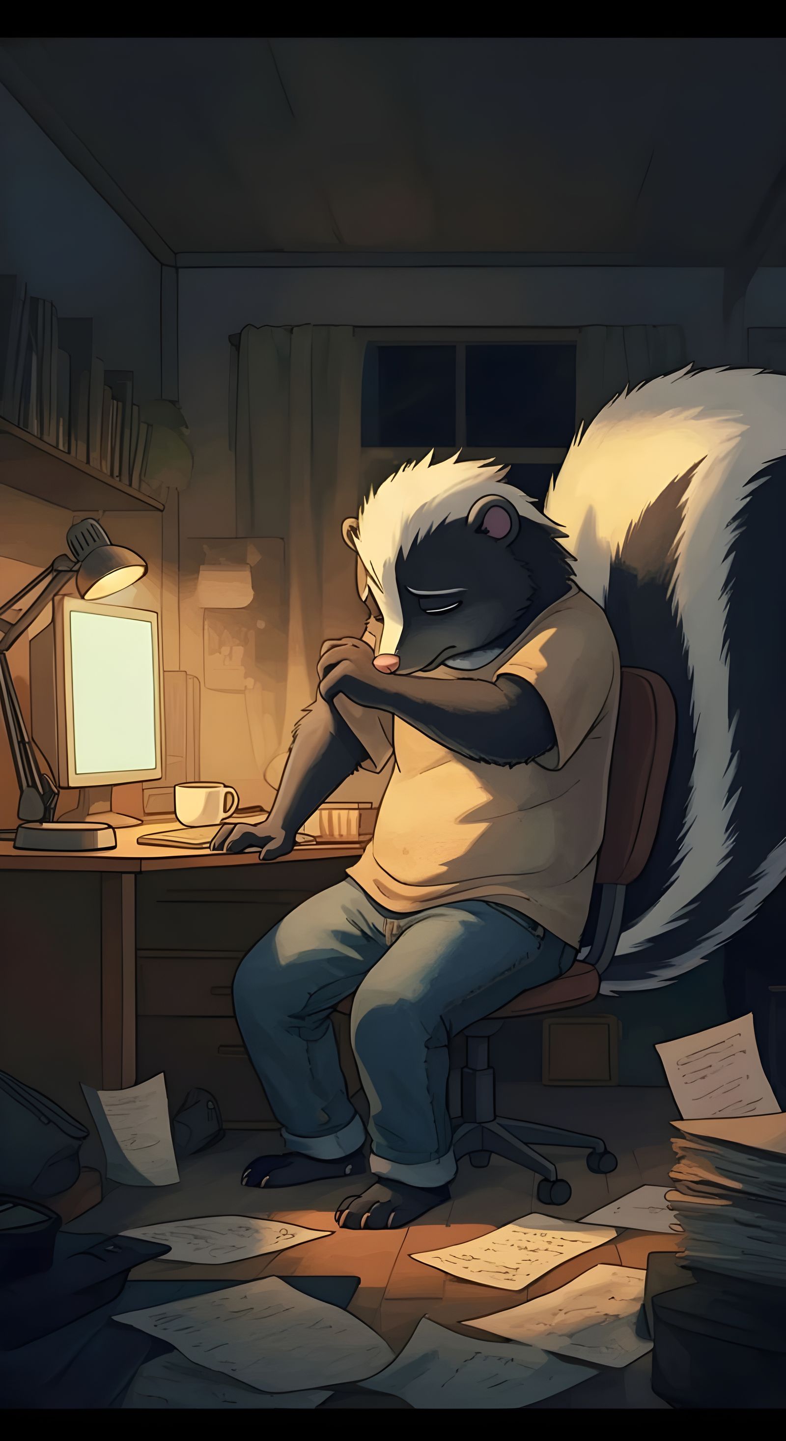 Cozy Home Office Scene with Furry Skunk Programmer