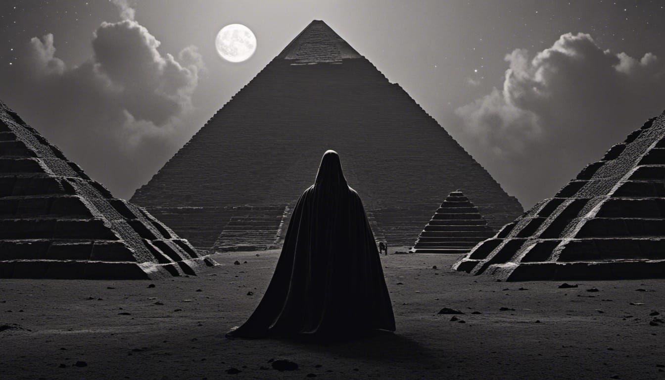 Charcoal God Amidst Pyramids Under Dark Moon