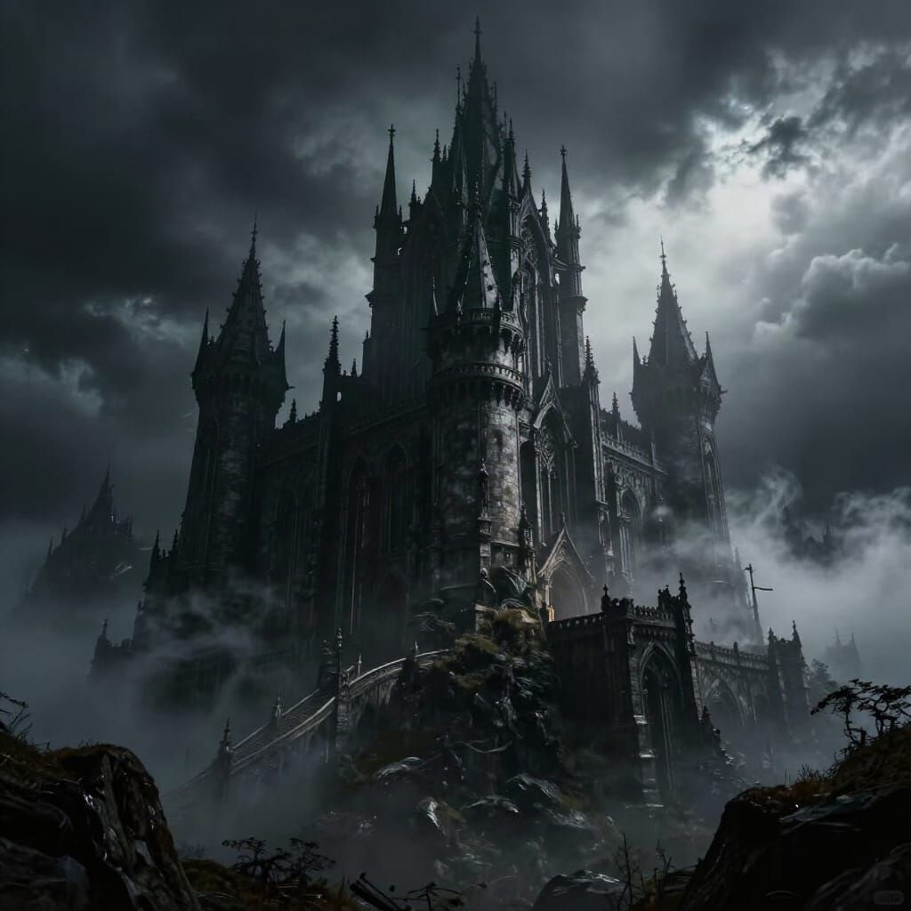 Dark Gothic Castle in Misty Stormy Landscape