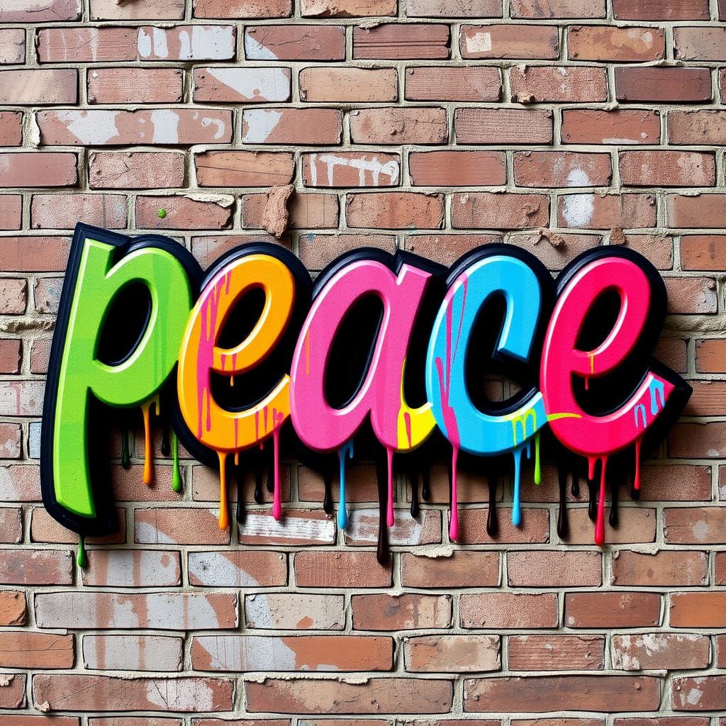 Vibrant Graffiti Letters Declare Peace in Bold Cursive Scrip...
