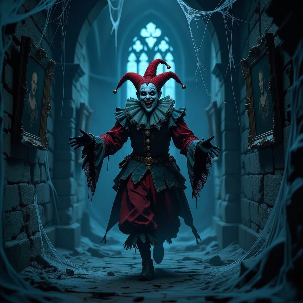 Spectral Jester Floats Through Haunted Castle, Dark Fantasy