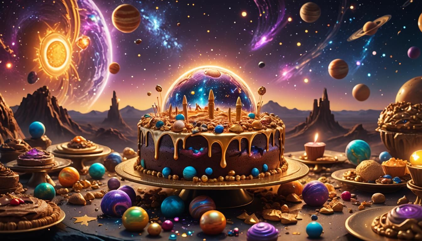 Galaxy Cake Celebration in a Digital Painting