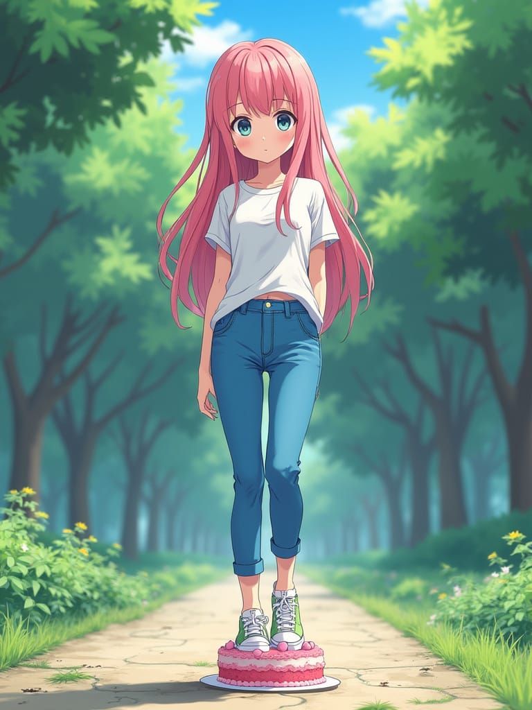 Girl Crushes Cake in Vibrant Anime Style