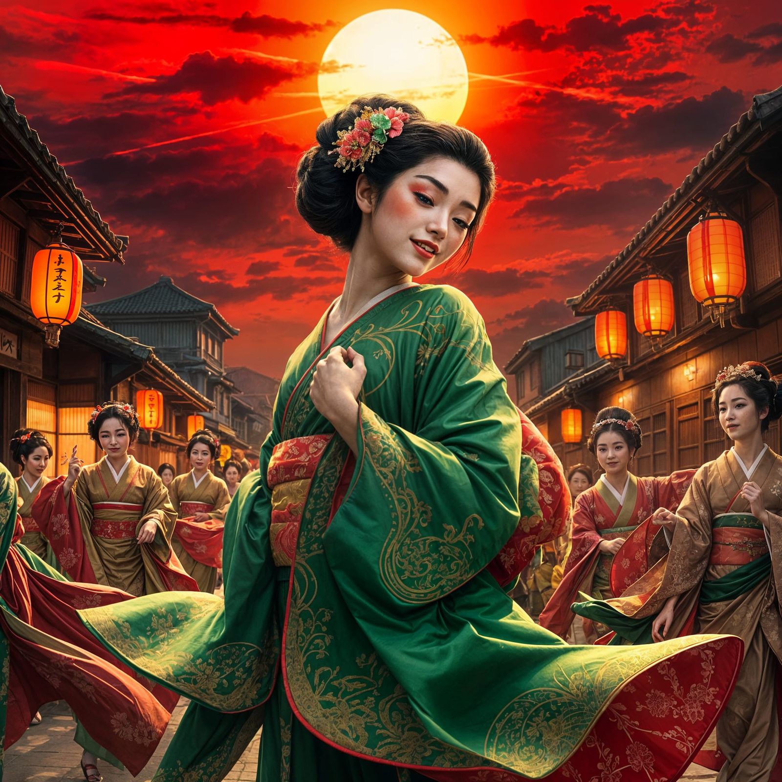 Vibrant Geisha Dancer in Crimson Sunset